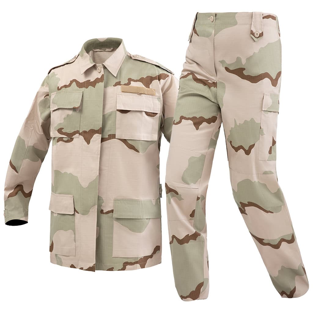 The WHCSJ 3-Color Desert BDU, a classic rip-stop combat uniform for military and security forces in arid environments.