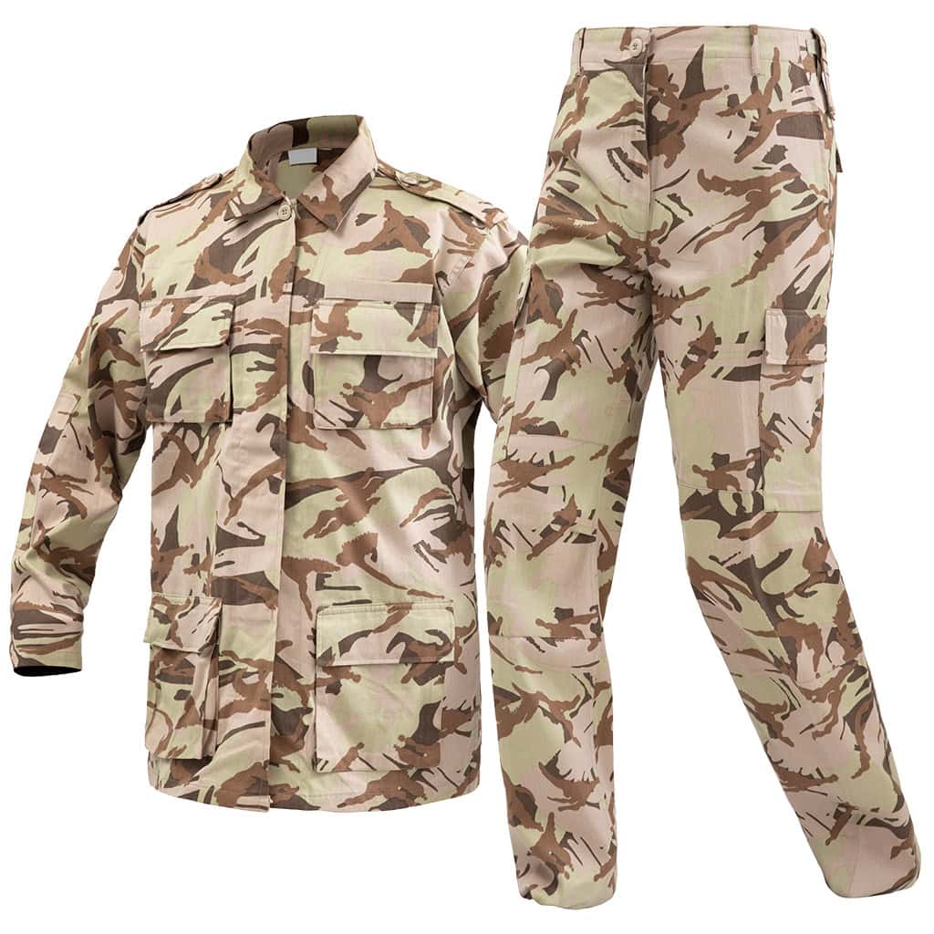 The WHCSJ "Sentinel" Heavy-Duty Combat Uniform in a custom desert camouflage, engineered for military and security forces B2B contracts.