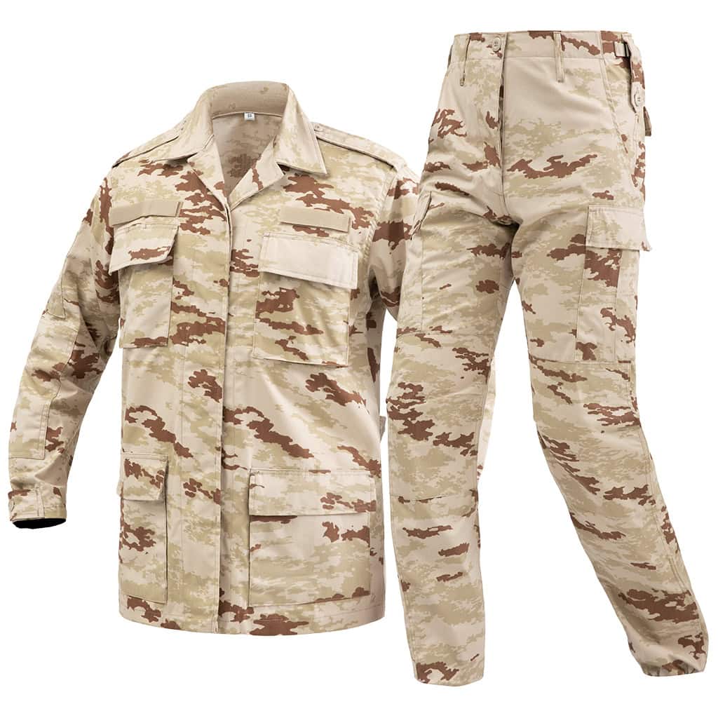 The WHCSJ Classic Jungle Camo BDU, a rugged rip-stop combat uniform in M81 Woodland pattern for military B2B contracts.