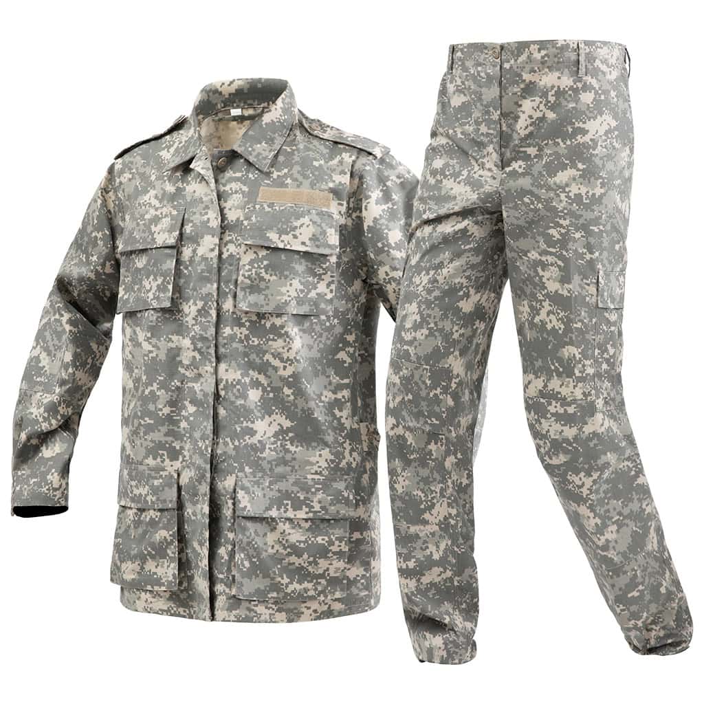 Full set of the custom digital camo ACU combat uniform laid out, showing both the tactical shirt and pants.