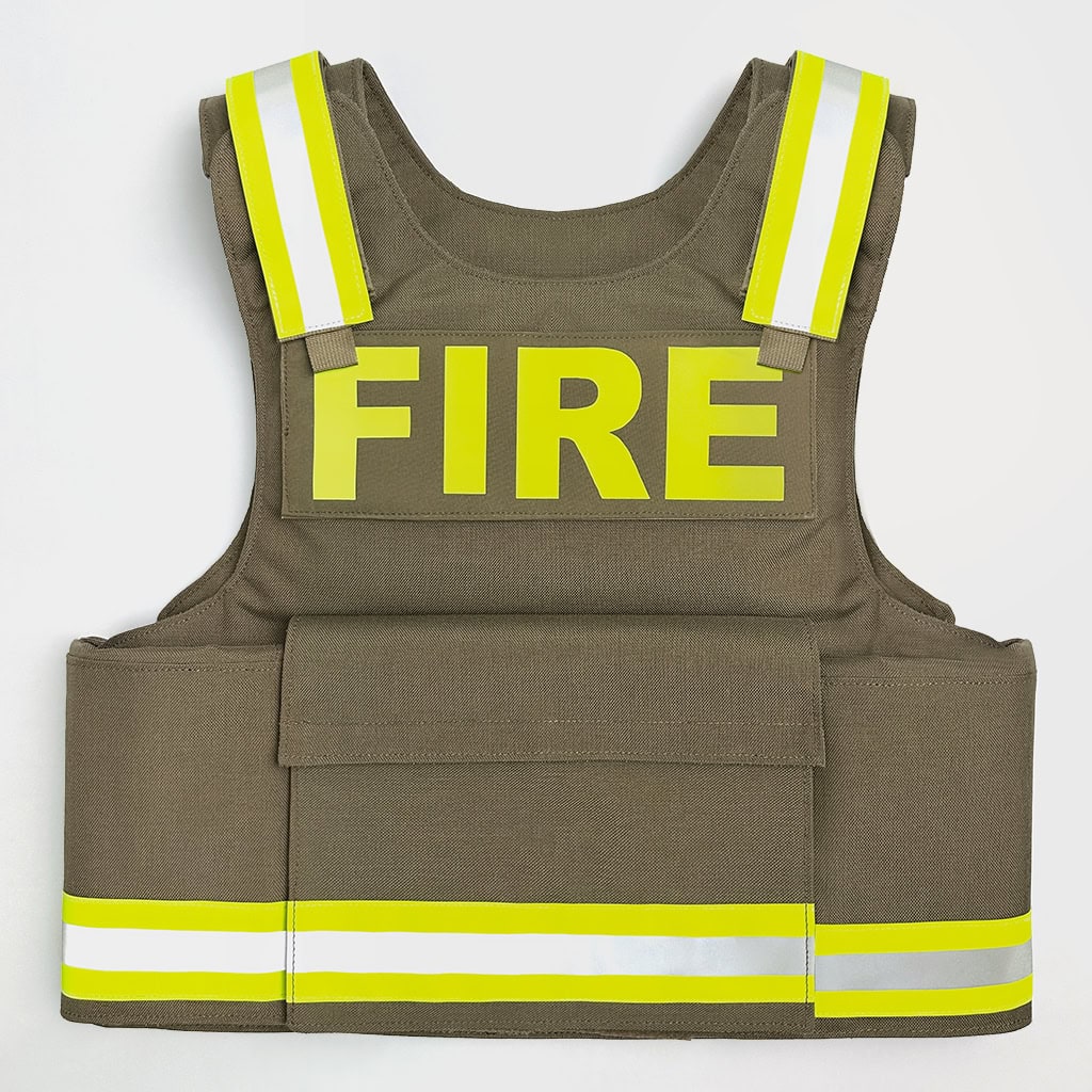 Front view of the WHCSJ First Responder Body Armor, a high-visibility ballistic vest with "FIRE" ID panel for firefighter and EMS B2B contracts.