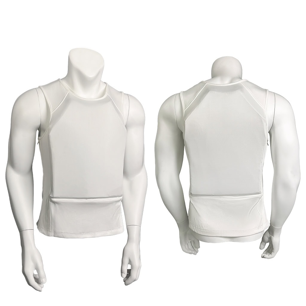 Front and back display of the Aegis deep concealment armored t-shirt in white.