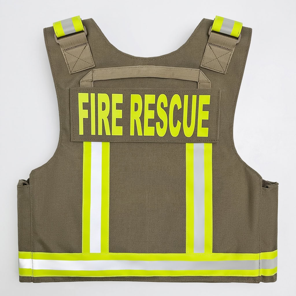 Rear view of the First Responder Body Armor, showing the "FIRE RESCUE" ID panel, reflective stripes, and reinforced drag handle.
