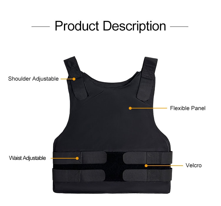 Product description diagram of the concealable body armor, highlighting the adjustable shoulders and waist, flexible panels, and Velcro closures.