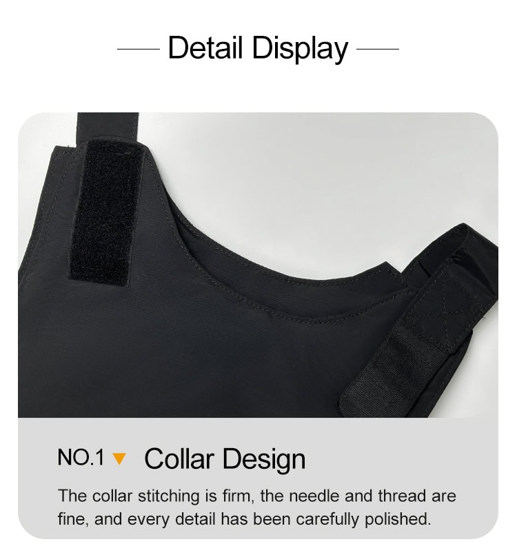 Detail of the concealable body armor's collar design, showing the firm stitching and comfortable, ergonomic cut for all-day wear.