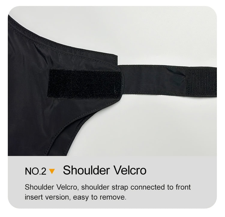 Close-up of the heavy-duty shoulder Velcro adjustment strap on the concealable body armor, allowing for a secure and customized fit.