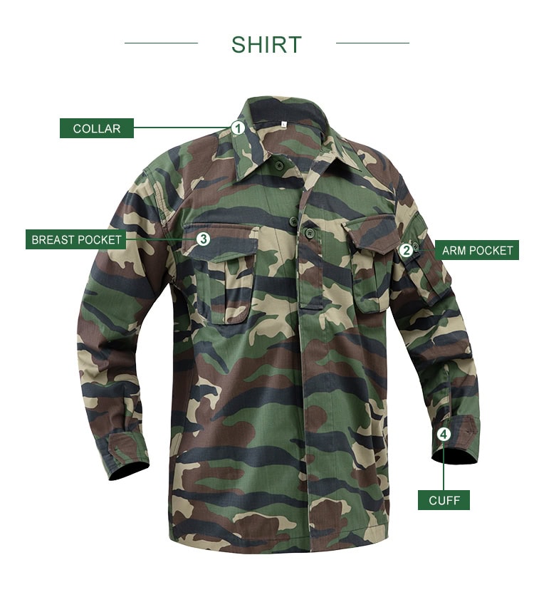 Infographic detailing the key features of the custom woodland camo combat uniform shirt, including collar, arm pocket, and breast pockets.