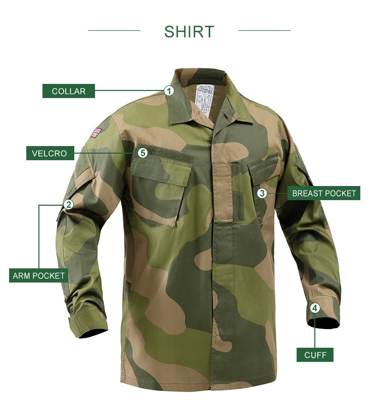 Infographic detailing the key features of the custom Norwegian M09 camo uniform shirt, including collar, arm pocket, and velcro.