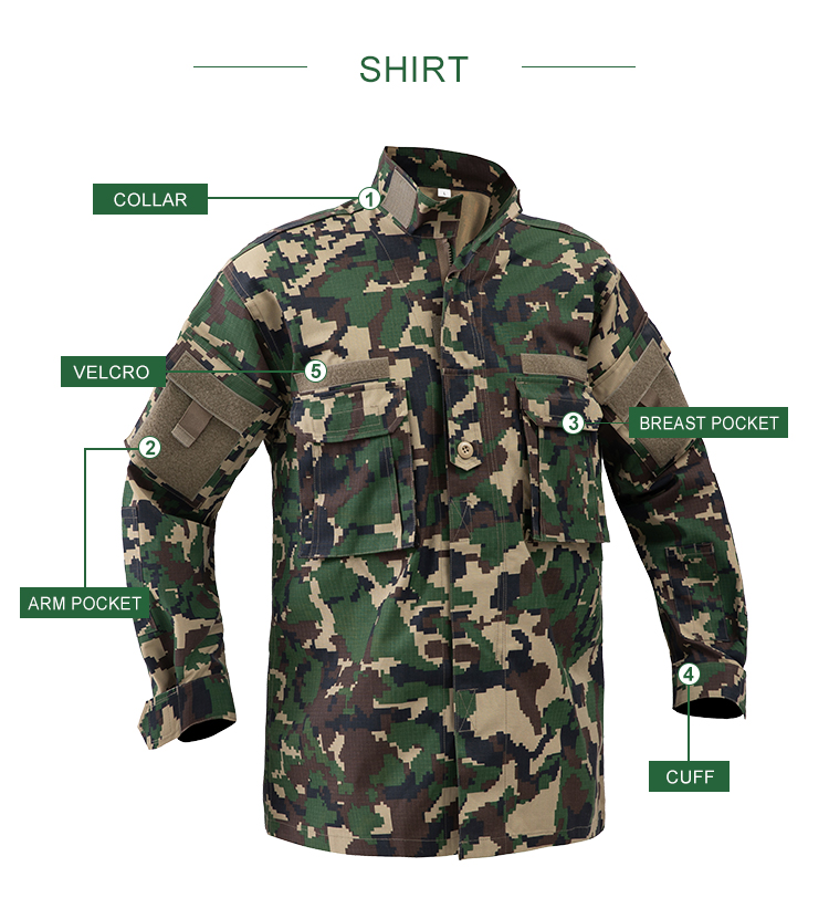 Infographic detailing the key features of the custom jungle digital combat uniform shirt, including collar, arm pockets, and velcro.