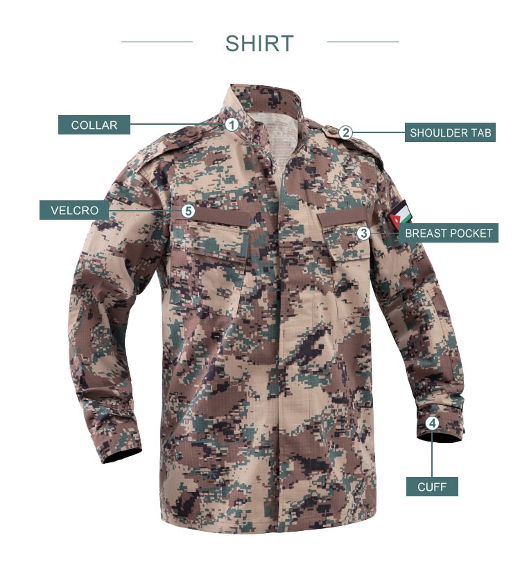 Infographic detailing the features of the custom Jordanian digital camo combat shirt: collar, shoulder tabs, velcro, and pockets.