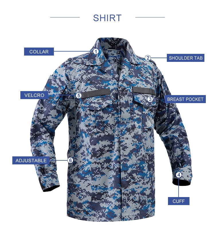 Infographic detailing the key features of the custom Malaysian blue digital camo uniform shirt, including collar and velcro panels.