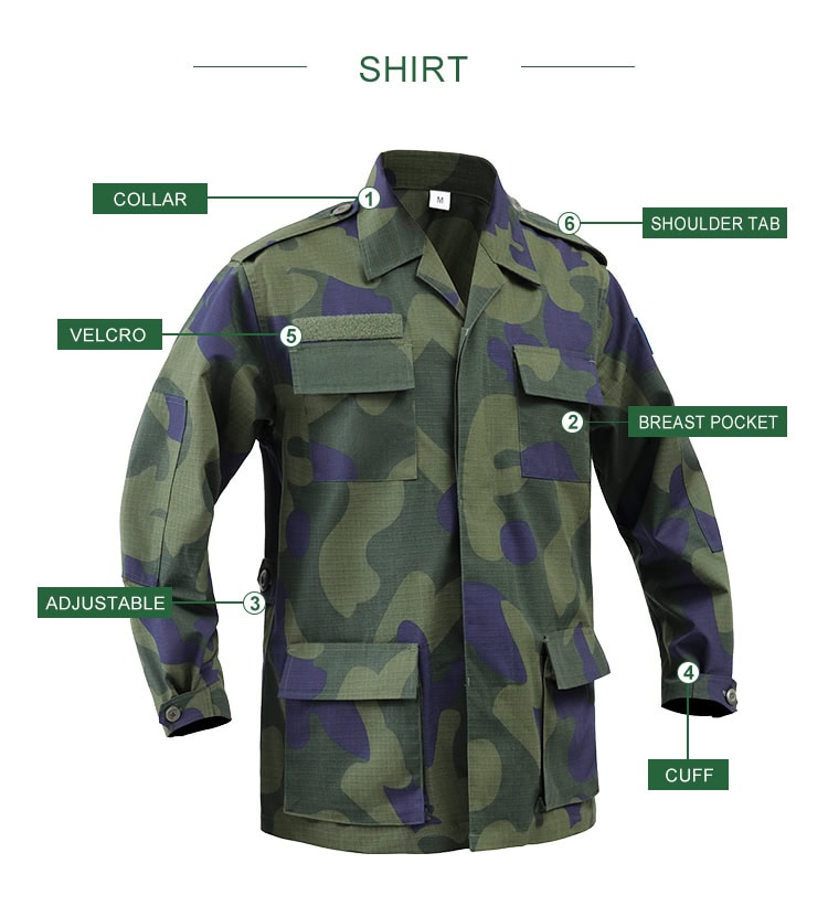Infographic detailing the features of the custom DRC green camo uniform jacket: collar, pockets, velcro, and adjustable waist.