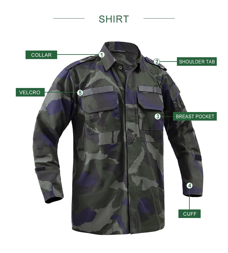 Infographic detailing the features of the custom Malaysian camo security uniform shirt, including collar, velcro, and pockets.