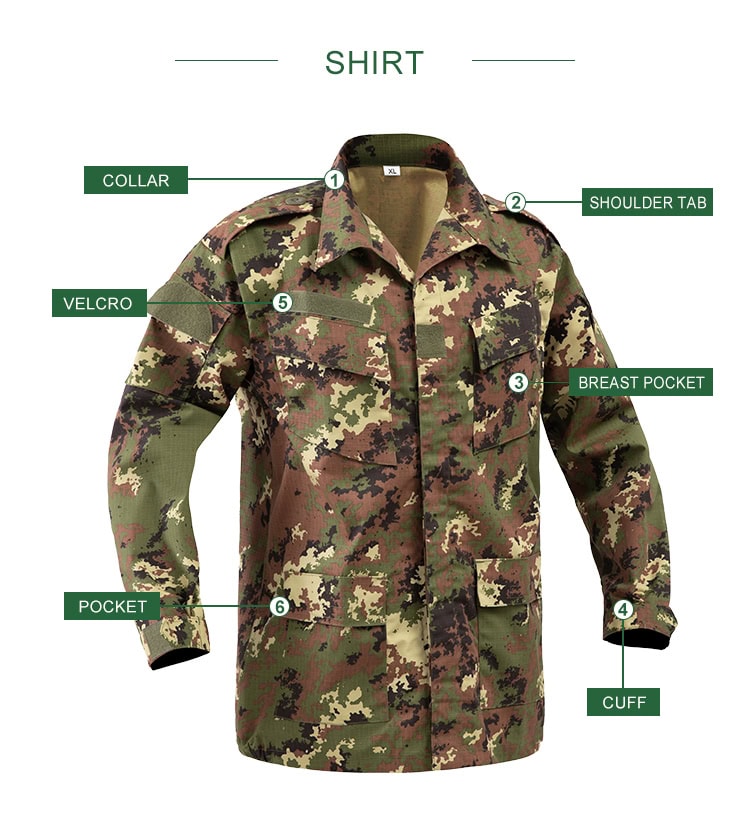 Infographic detailing the features of the custom Italian vegetato combat uniform jacket, including collar, pockets, and velcro.