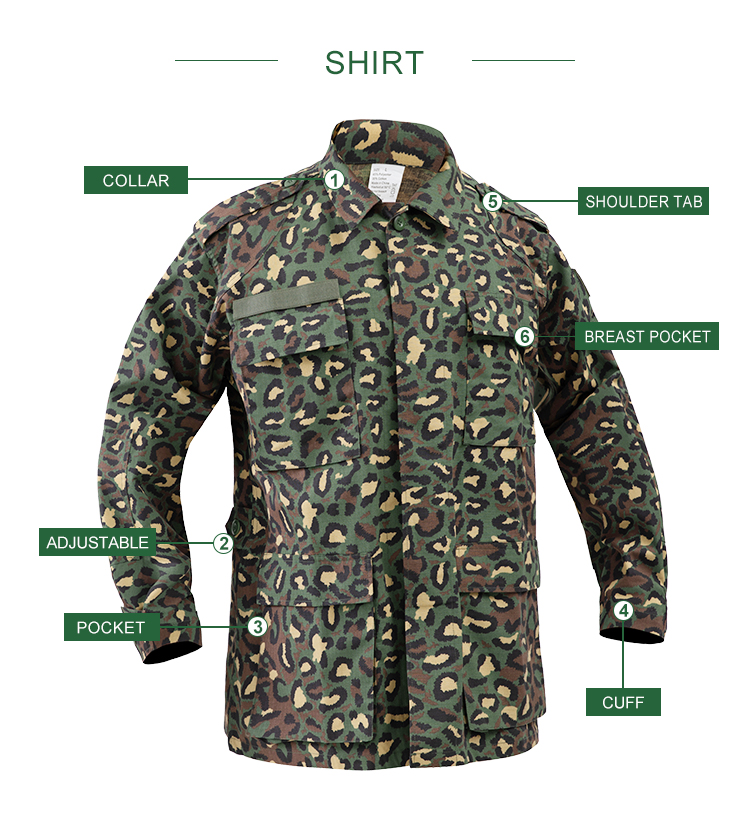 Infographic detailing the features of the leopard camo BDU shirt: collar, adjustable waist, pockets, cuff, and shoulder tab.