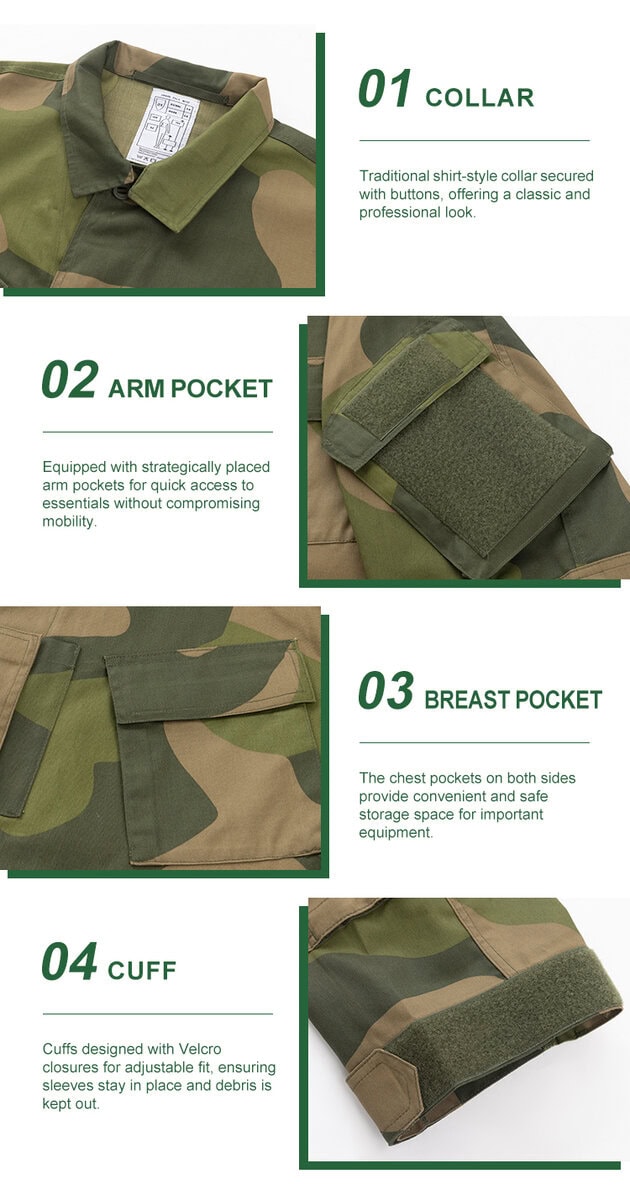 Detailed infographic of four Norwegian M09 uniform shirt features: traditional collar, velcro arm pocket, breast pocket, and adjustable cuff.