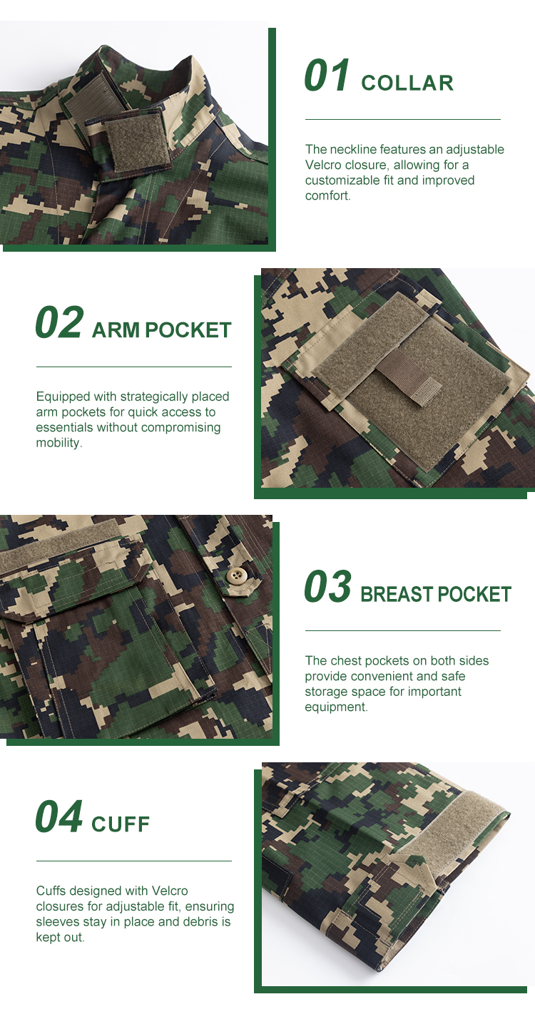 Detailed infographic of four jungle digital combat shirt features: adjustable collar, velcro arm pocket, breast pocket, and velcro cuff.