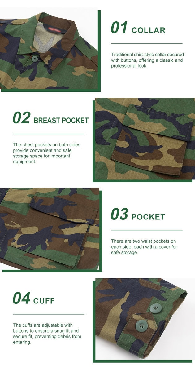 Detailed infographic of four woodland BDU shirt features: classic collar, buttoned breast pocket, large waist pocket, and adjustable cuffs.