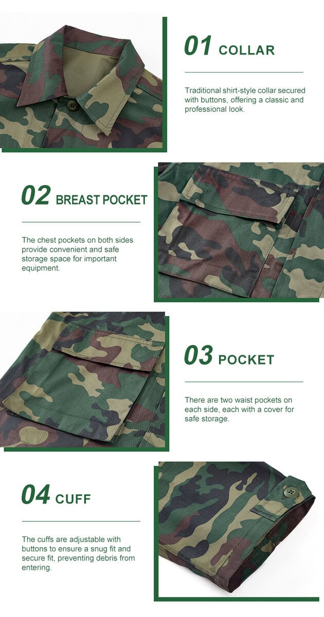 Detailed infographic of four jungle BDU shirt features: classic collar, buttoned breast pocket, large waist pocket, and adjustable cuffs.