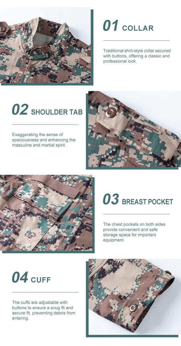 Detailed infographic of four Jordanian combat shirt features: classic collar, shoulder tab, breast pocket, and adjustable cuffs.