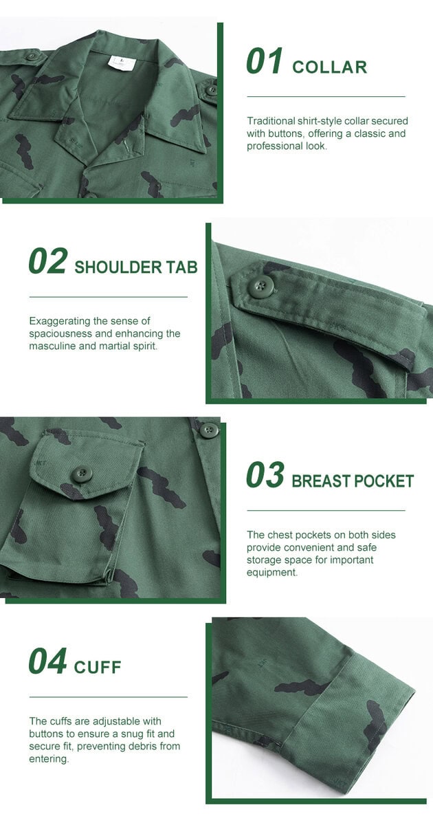 Detailed infographic of four Tanzanian camo jacket features: traditional collar, shoulder tab, breast pocket, and adjustable cuffs.