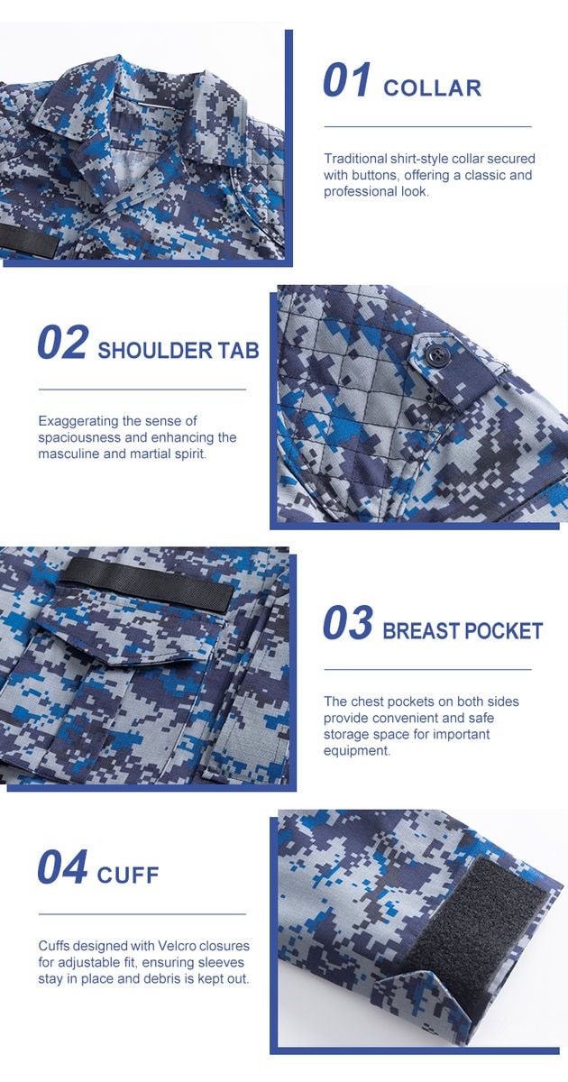 Detailed infographic of four Malaysian camo shirt features: traditional collar, quilted shoulder tab, breast pocket, and velcro cuff.