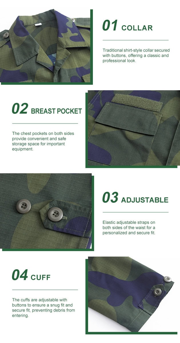 Detailed infographic of four DRC uniform jacket features: traditional collar, breast pocket, adjustable waist straps, and buttoned cuffs.