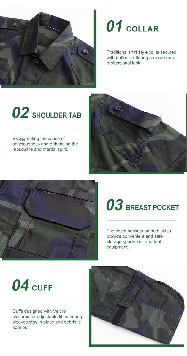 Detailed infographic of four Malaysian security shirt features: traditional collar, shoulder tab, breast pocket, and velcro cuff.