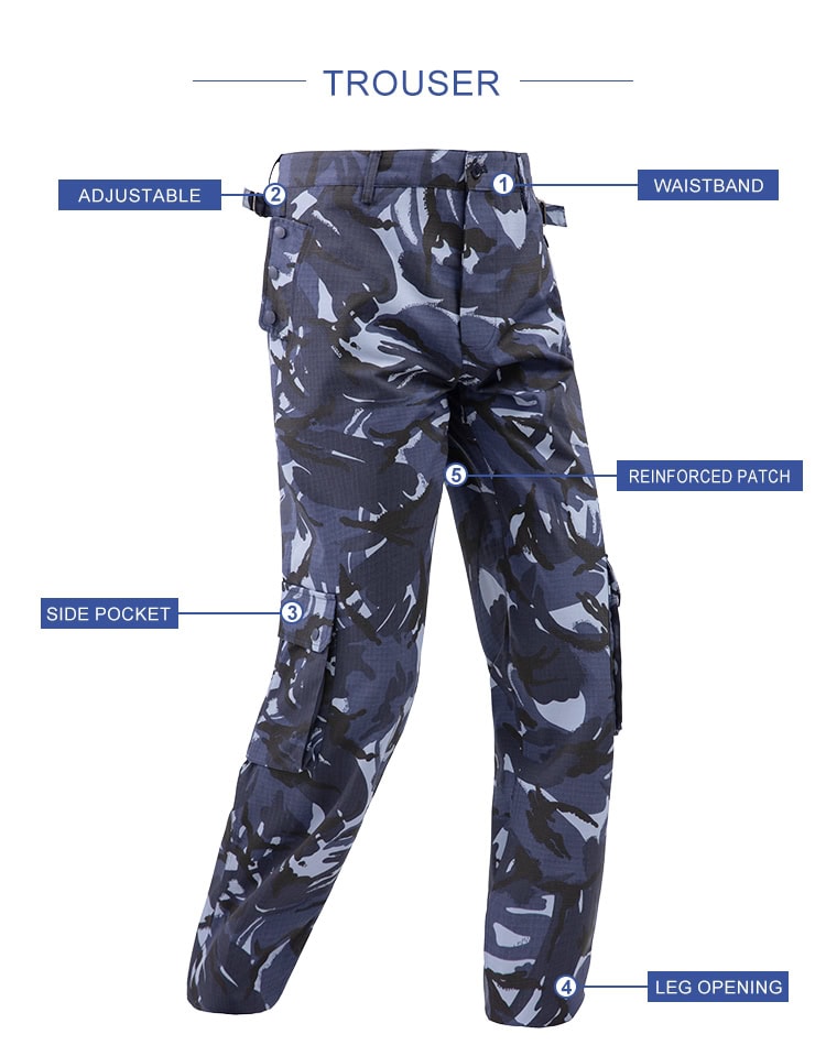 Infographic of the custom blue camo combat trousers, highlighting the adjustable waist, side pockets, and reinforced patches.