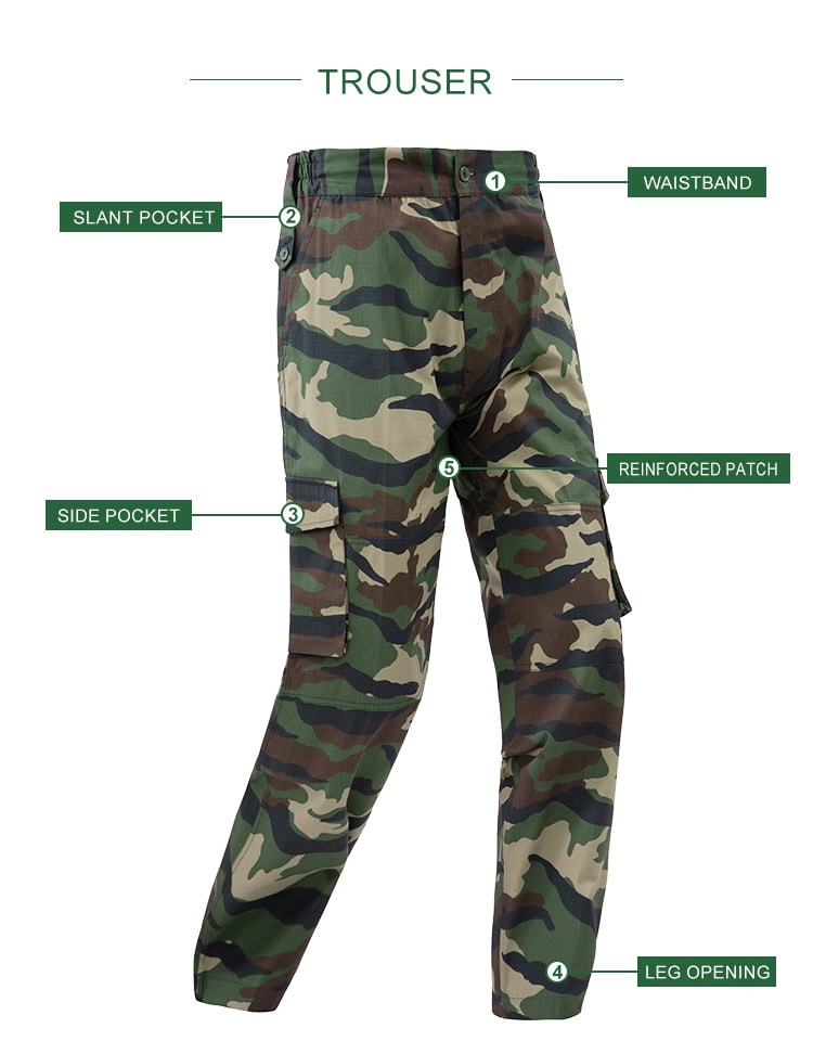 Infographic of the custom woodland camo combat uniform trousers, highlighting the slant pocket, side pocket, and reinforced patches.