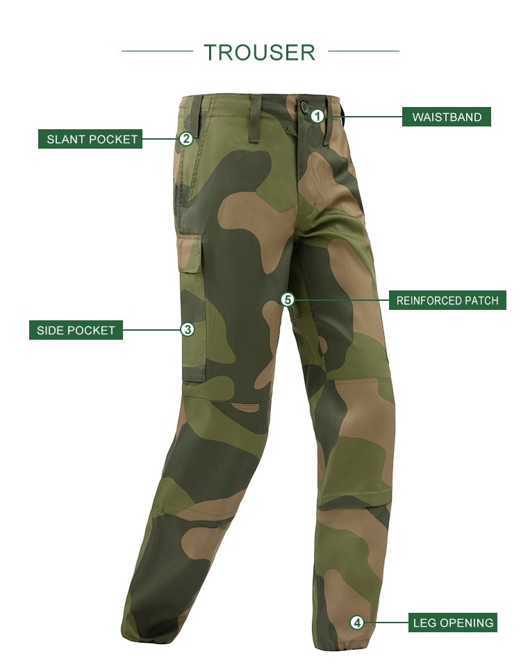 Infographic of the custom Norwegian M09 camo uniform trousers, highlighting the slant pocket, side pocket, and reinforced patches.