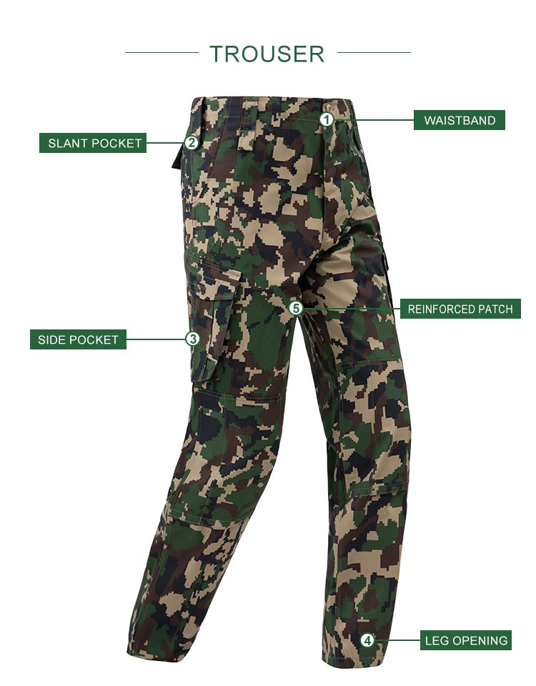 Infographic of the custom jungle digital combat uniform trousers, highlighting the slant pocket, side pocket, and reinforced patches.