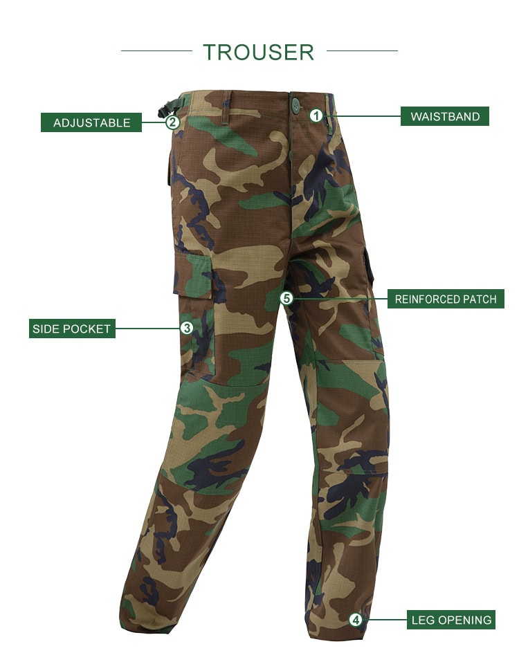 Infographic of the custom woodland camo BDU trousers, highlighting the adjustable waist, side pockets, and reinforced patches.
