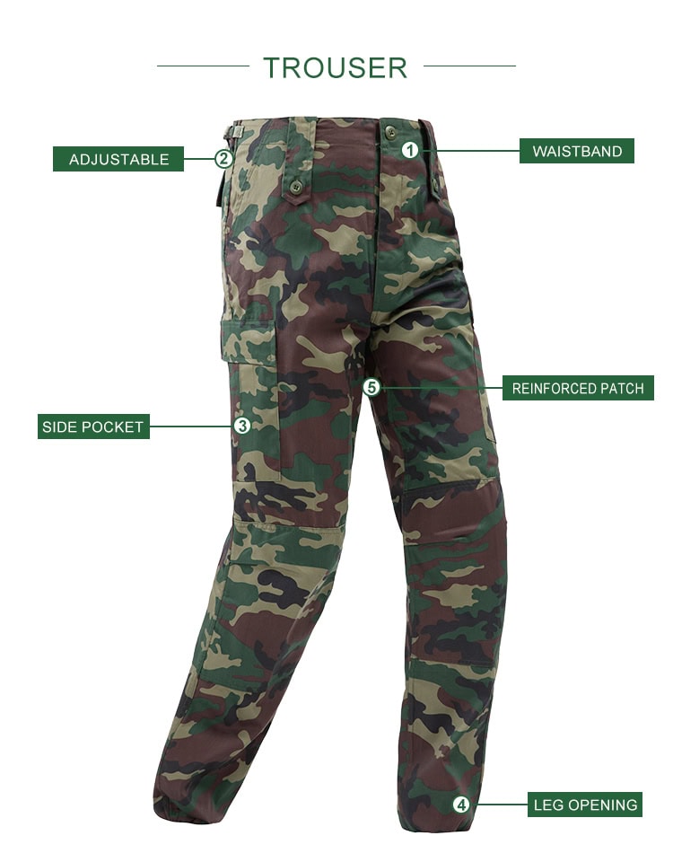 Infographic of the custom jungle camo BDU trousers, highlighting the adjustable waist, side pockets, and reinforced patches.