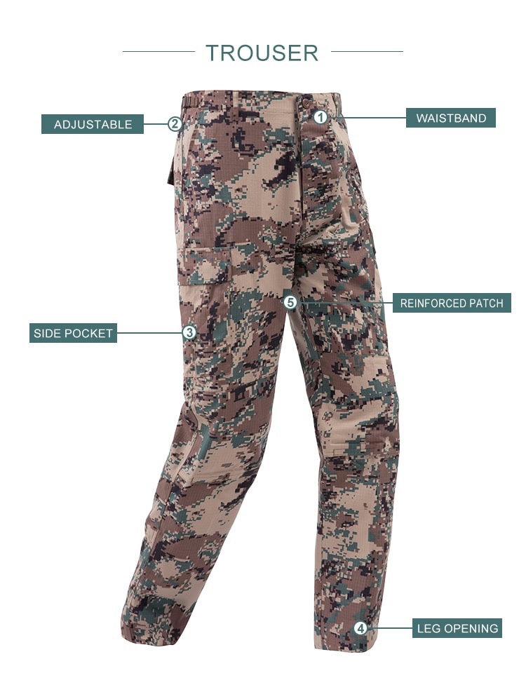 Infographic of the custom Jordanian digital camo combat trousers, highlighting the adjustable waist, side pockets, and reinforced patches.
