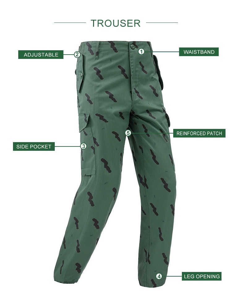Infographic of the custom Tanzanian green camo uniform trousers, highlighting the adjustable waist, side pockets, and reinforced patches.