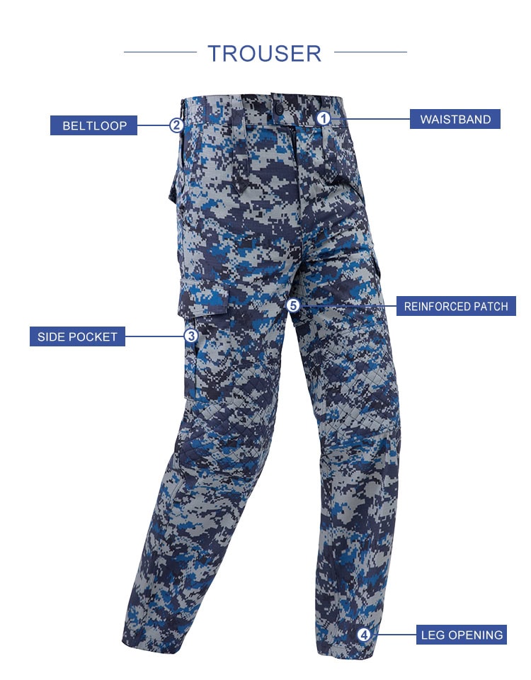 Infographic of the custom Malaysian blue digital camo uniform trousers, highlighting the wide belt loops, side pockets, and reinforced patches.