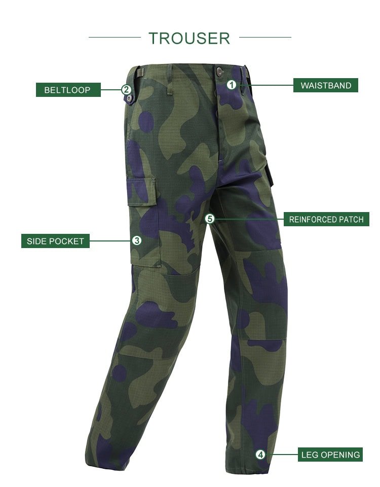 Infographic of the custom DRC green camo uniform trousers, highlighting the waist, side pockets, and reinforced patches.