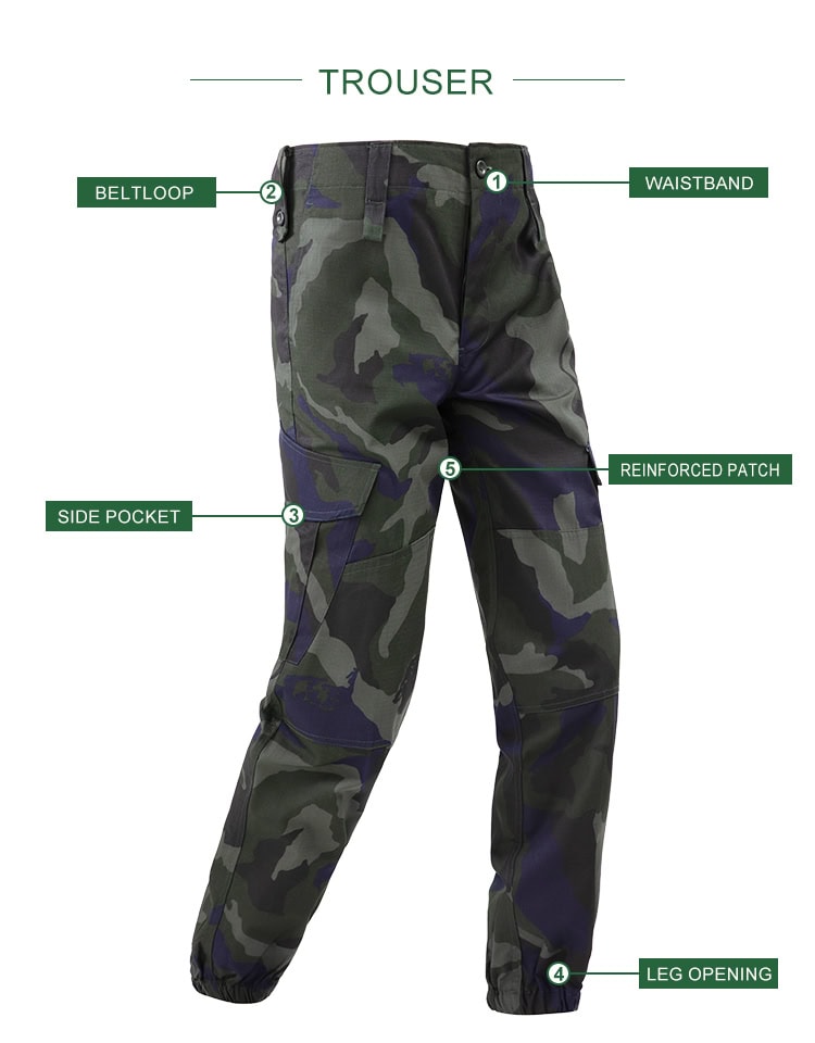 Infographic of the custom Malaysian camo security uniform trousers, highlighting the wide belt loops, side pockets, and reinforced patches.