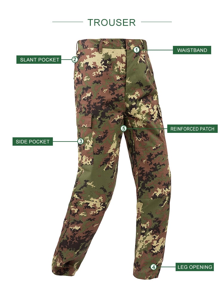 Infographic of the custom Italian vegetato combat trousers, highlighting the slant pocket, side pocket, and reinforced patches.