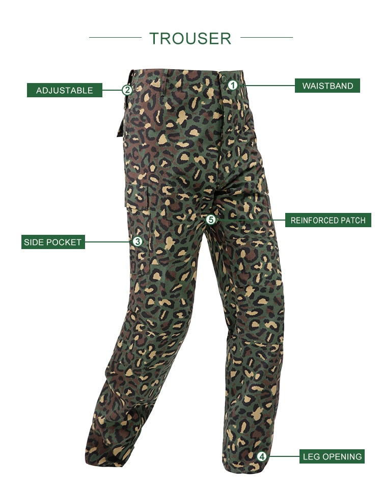 Infographic displaying the main features of the custom leopard camo BDU trousers, such as the adjustable waist and reinforced patches.
