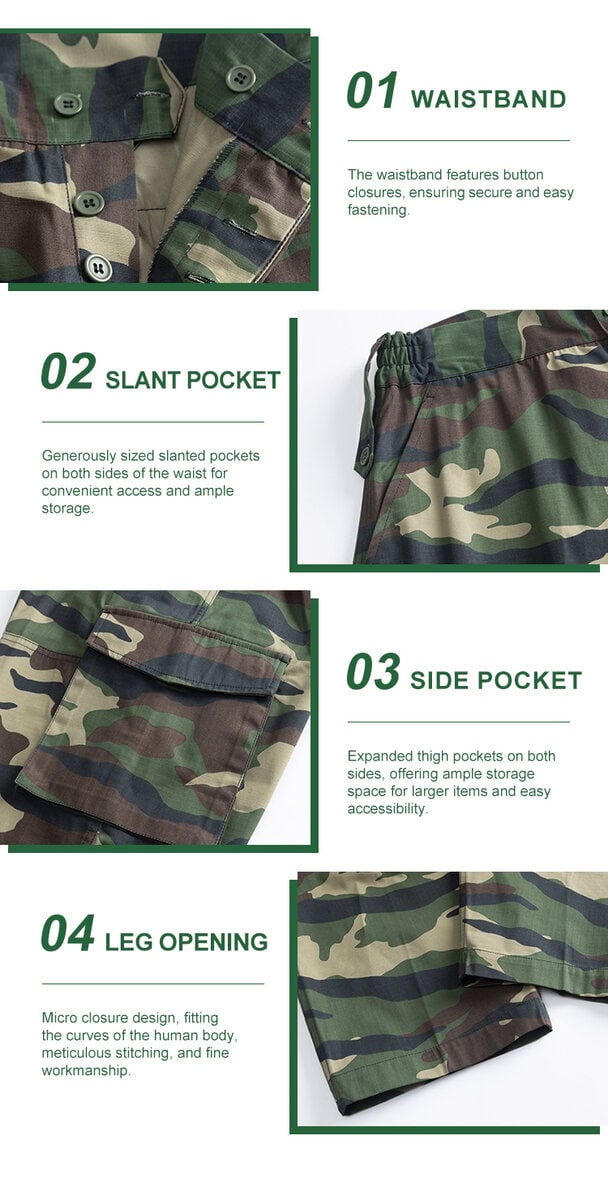 Detailed infographic of four woodland combat trouser features: button waistband, deep slant pocket, large cargo pocket, and clean leg opening.