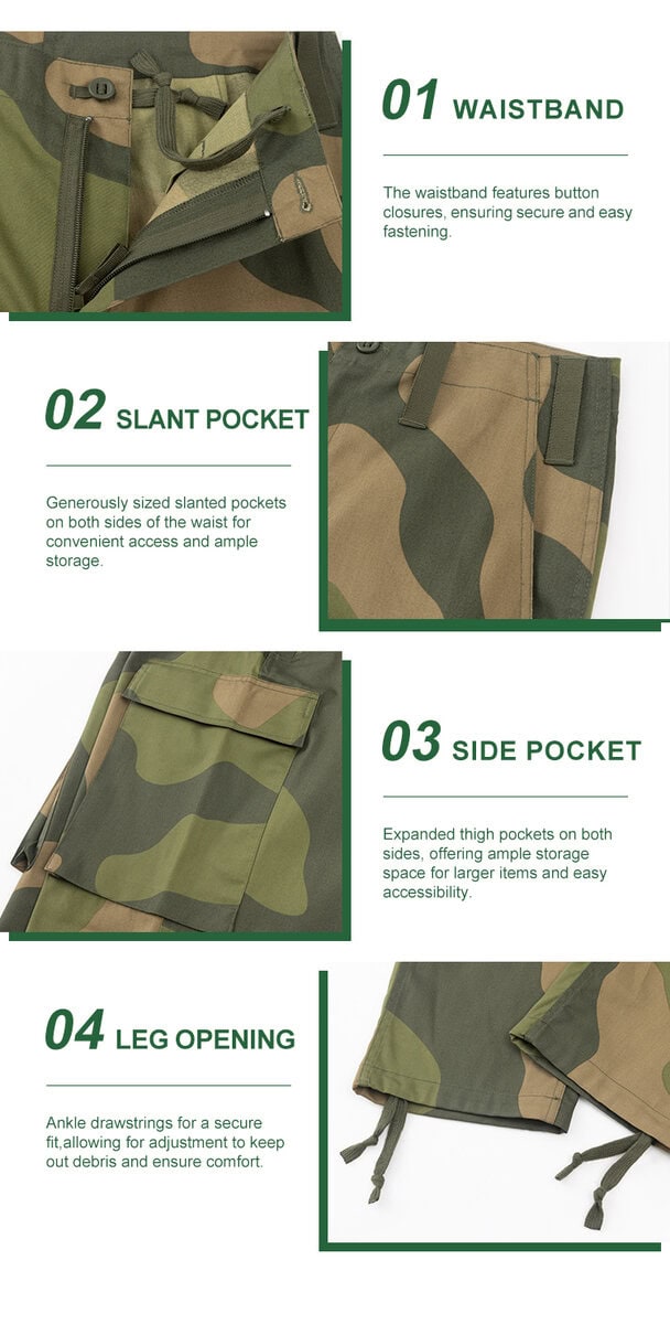 Detailed infographic of four Norwegian M09 trouser features: button waistband, deep slant pocket, large cargo pocket, and drawstring leg opening.