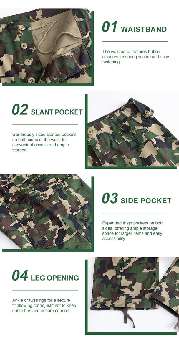 Detailed infographic of four jungle digital trouser features: button waistband, deep slant pocket, large cargo pocket, and drawstring leg opening.