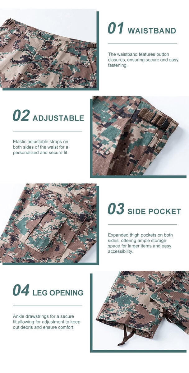 Detailed infographic of four Jordanian trouser features: button waistband, adjustable side straps, large cargo pockets, and drawstring leg openings.