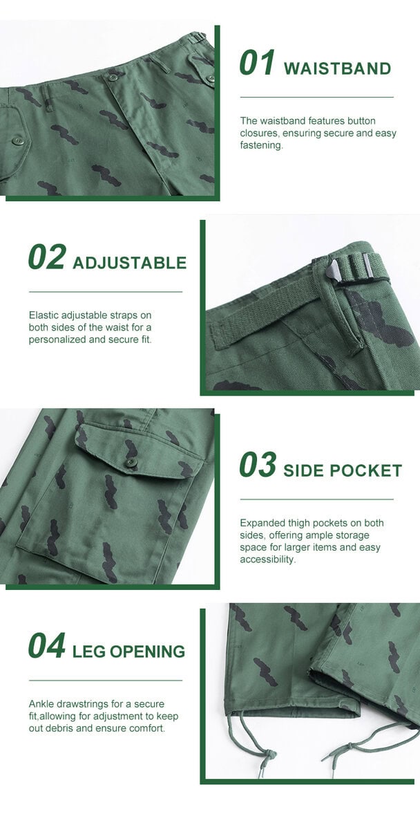 Detailed infographic of four Tanzanian trouser features: button waistband, adjustable side straps, large cargo pockets, and drawstring leg openings.