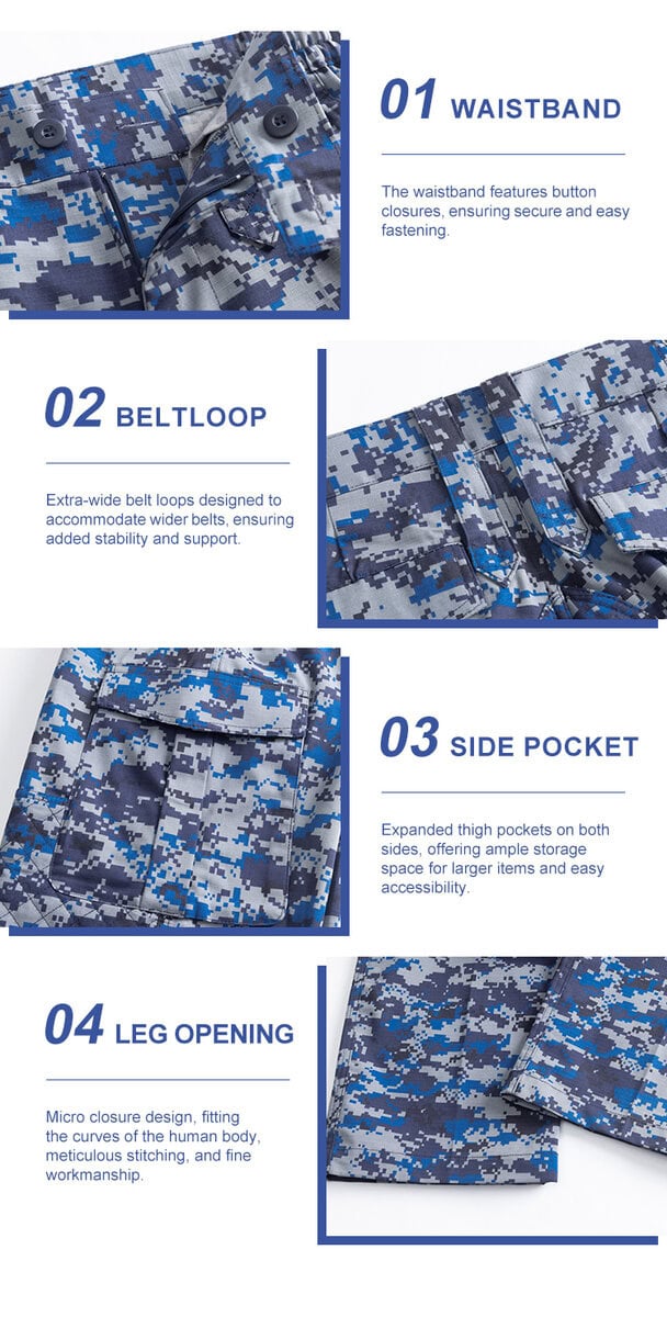 Detailed infographic of four Malaysian trouser features: button waistband, wide belt loops, large cargo pockets, and clean leg opening.