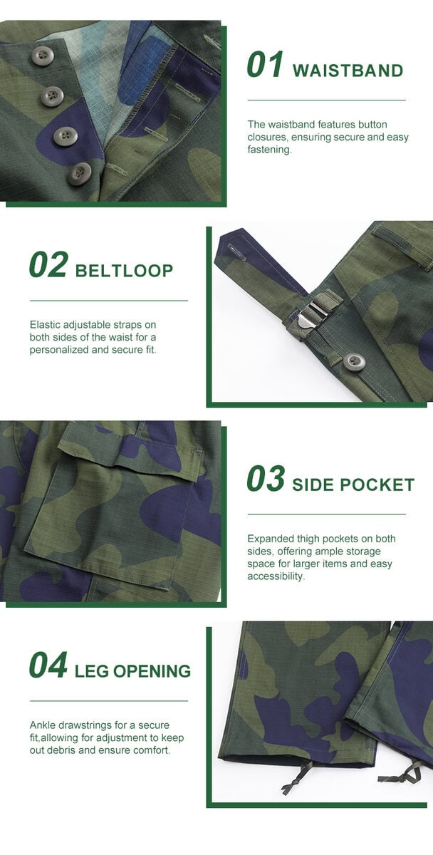 Detailed infographic of four DRC trouser features: button waistband, adjustable belt loop strap, large cargo pockets, and drawstring leg openings.