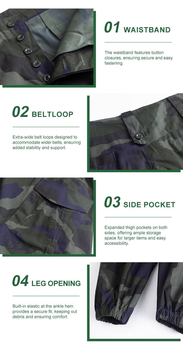 Detailed infographic of four Malaysian trouser features: button waistband, wide belt loops, large cargo pockets, and elastic leg opening.