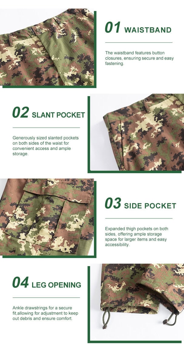Detailed infographic of four Italian vegetato trouser features: button waistband, slant pocket, large cargo pocket, and drawstring leg opening.